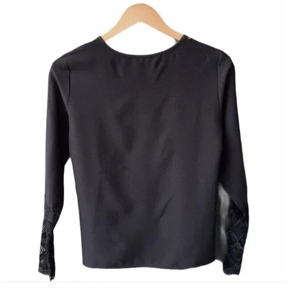 Shein Blouse Top Black Lace Trim Long Sleeve Business Mob Wife Academia Preppy - Picture 2 of 5